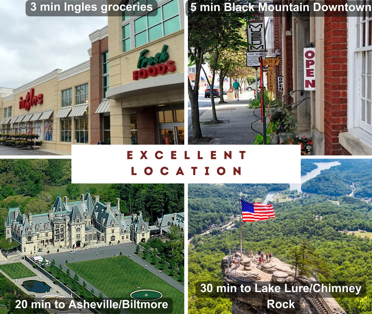An exterior image featuring Ingles grocery store, Downtown Black Mountain, the Biltmore Estate, and Lake Lure/Chimney Rock. The scene captures the variety of local attractions and outdoor activities accessible to visitors and their families, including parks, nature trails, and cultural spots.