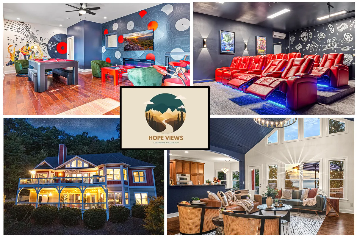 A composite view showcasing the vibrant game room, luxurious home theater with red seating, an inviting outdoor living space, and a charming view of the home's exterior. Together, these features offer a glimpse into the playful, indulgent amenities available at the sanctuary.