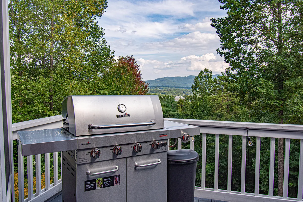This exterior image shows an inviting outdoor barbecue area overlooking a picturesque mountain view, surrounded by green trees. The grill setup and spacious open-air dining space signal a perfect environment for group gatherings, celebrations, and social events in nature.