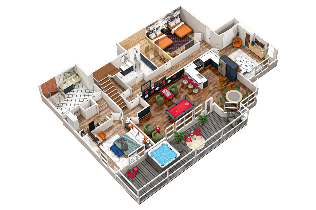 An expansive interior view featuring a pool table, kitchen island, outdoor seating area, hot tub, and comfortable living room seating. The layout highlights ample space for entertaining, playing games, cooking, and relaxing—perfect for group or team retreats.