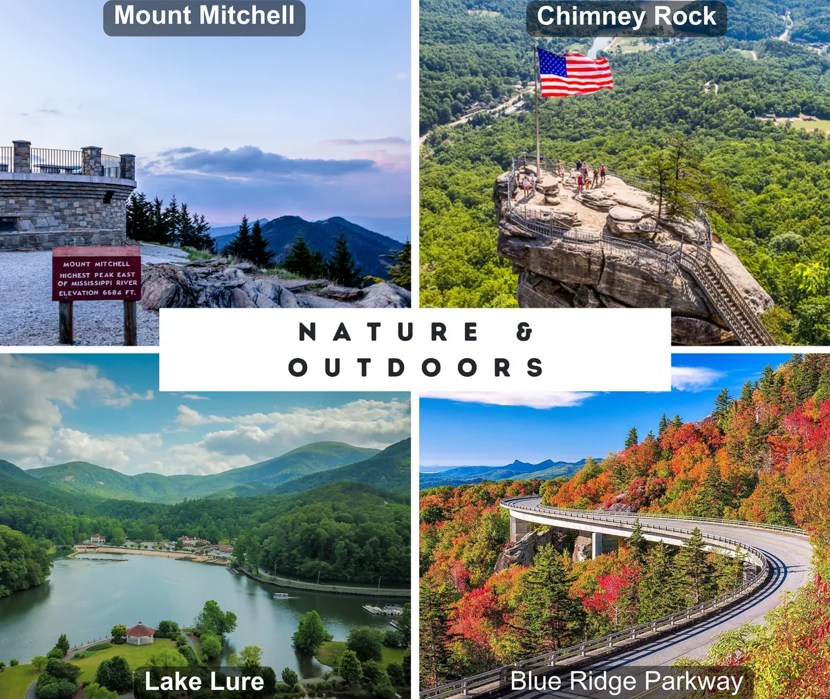 A panoramic view highlighting Mount Mitchell, Chimney Rock, Lake Lure, and the Blue Ridge Parkway. The image conveys the scope of outdoor activities available, including hiking, boating, and scenic drives.