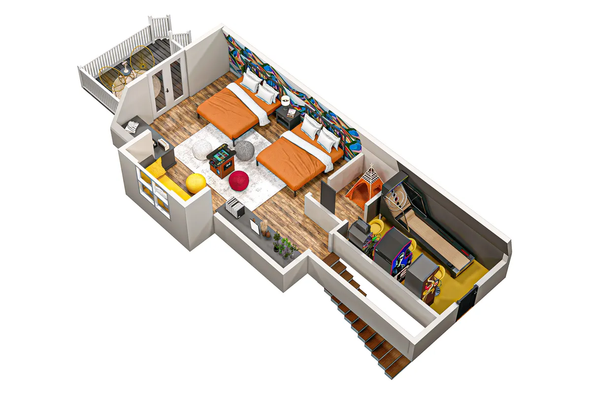 A vibrant interior view of a game area with an arcade machine, two orange beds, colorful wall art, and a large area rug. The space is clearly designed for energetic play, relaxing, and socializing, making it ideal for kids looking to unwind after outdoor adventures.